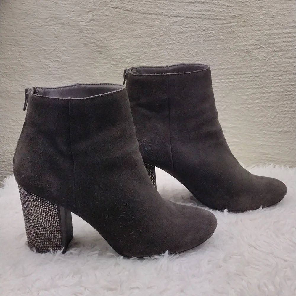 Reaction Kenneth Cole Carlyn Dark Grey Rhinestone High Heel Zip Back Ankle Boot